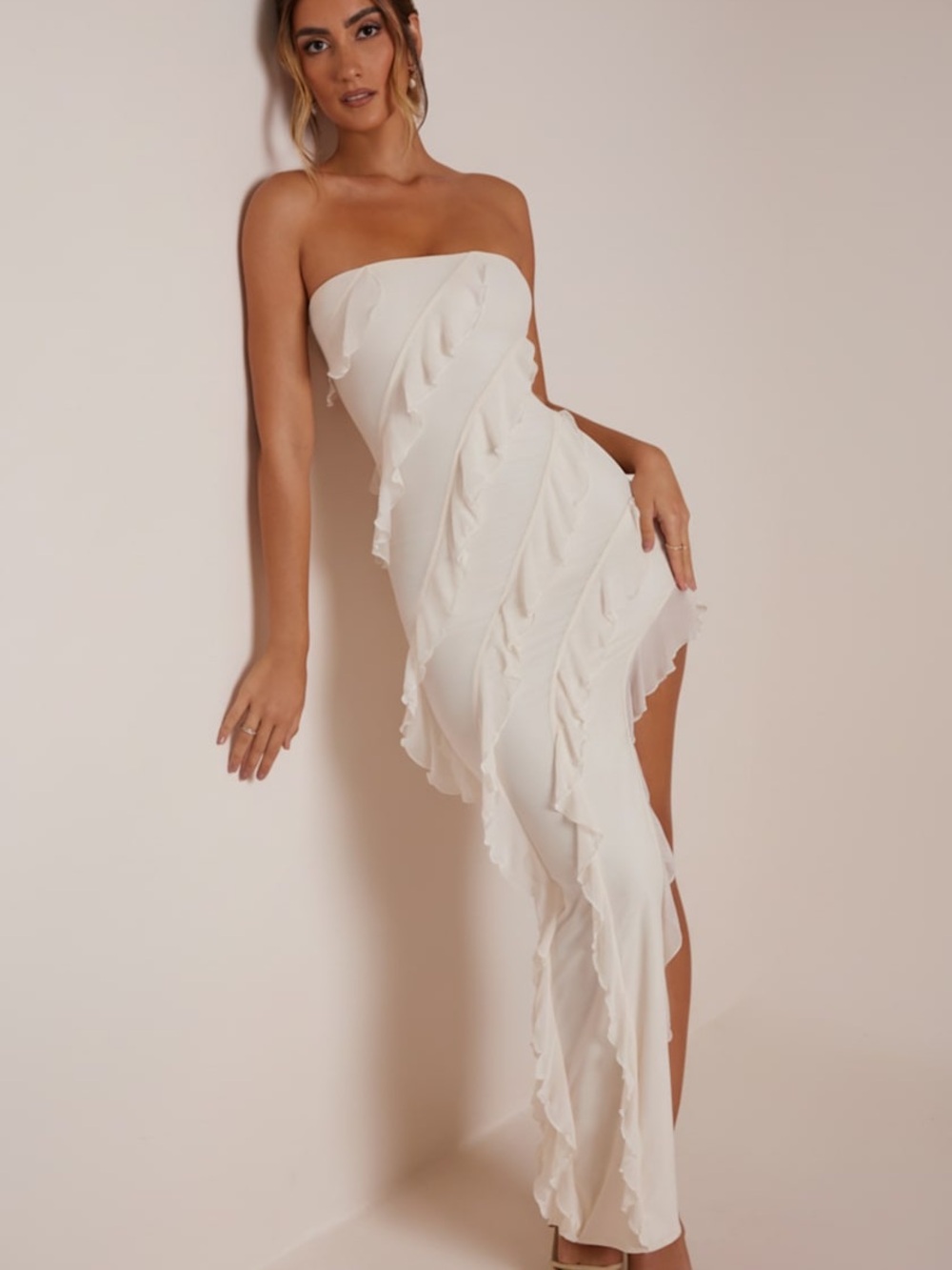 Oh Polly White One-Shoulder Ruffle Maxi Dress